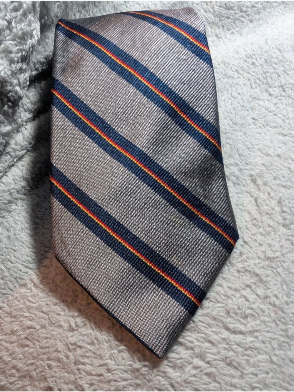 Valeriano Collection 100% Silk Striped Tie Gray With Blue & Yellow Accent Stripe